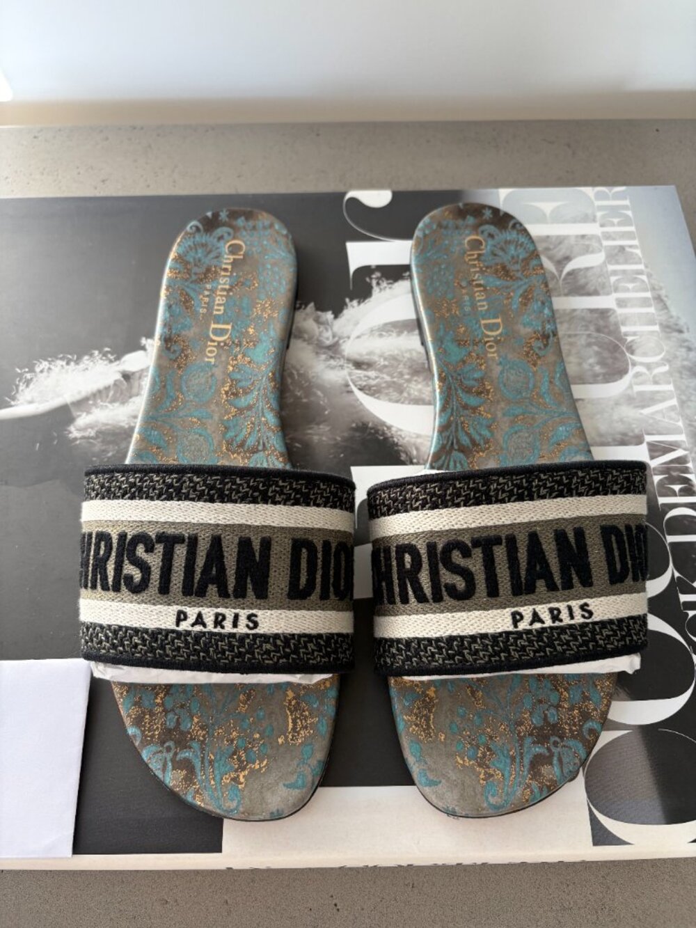 Christian Dior Dway Slides Teal Gold Brocart Embroidered Sz 38 US 7.5 Sandals